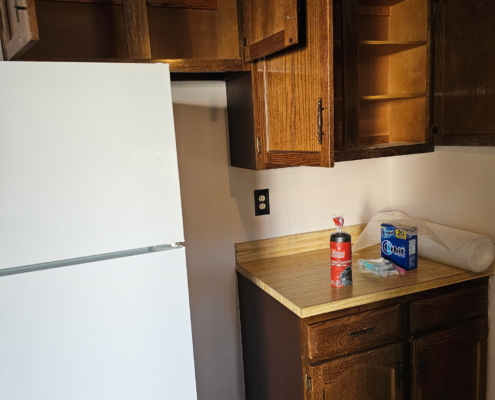 Old kitchen with wooden cabinets and dishwasher before renovation