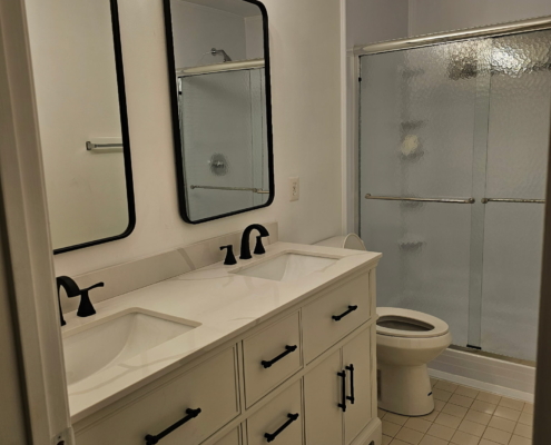 Bathroom renovation with modern vanity and glass shower
